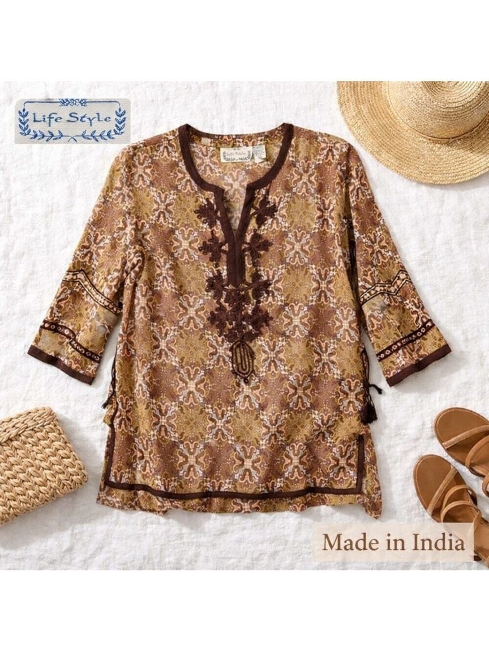 Life Style Boho Embroidered Tunic Brown & Gold India Made Size Large